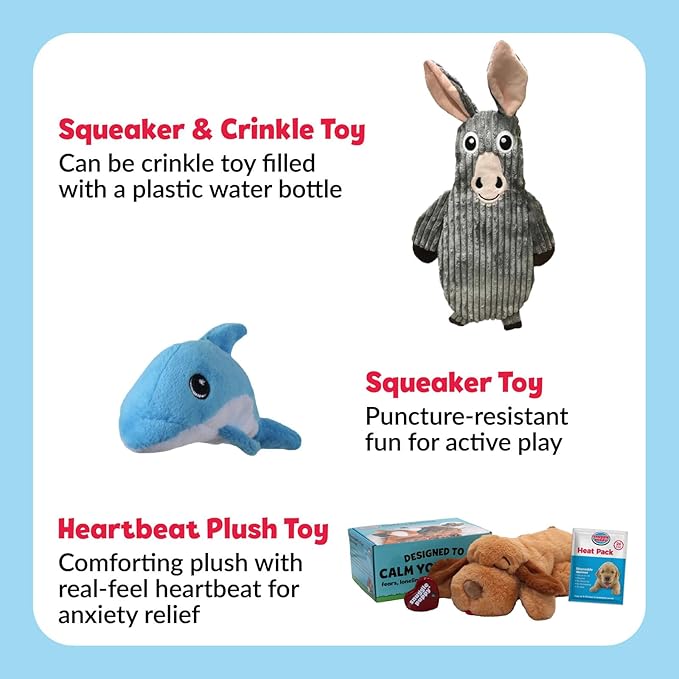 Snuggle Puppy Original, Dog Toy with Calming Heartbeat, Soothing Plush Companion Reduces Pet Anxiety, Includes Heat Pack & Batteries + 2 Tender-Tuff Dog Toys, Squeaker & Crinkle Toy