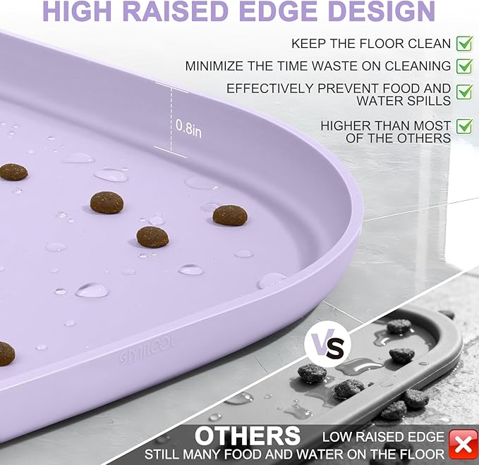 Silicone Pet Food Mat with Raised Edge for Food and Water Bowl, Dog Feeding Mats, Cat Food Trays for Floor Waterproof, Rubber Tray for Dogs and Cats, 22 x 14 x 0.8 Light Purple