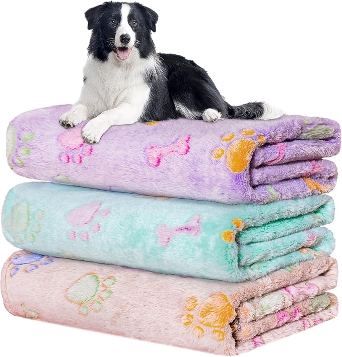 Rezutan Dog Blankets Throw 3 Pack for Large Medium Pet Cat Soft Fuzzy Blankets Washable,Reversible Paw Print for Dog Kennels-Beds, Sofas, Furniture Protection,41 x 31 inch, Purple/Green/Brown