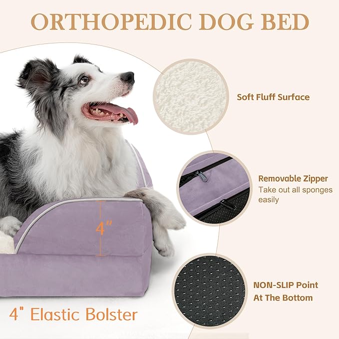 Comfort Expression Orthopedic Dog Bed for Medium Dogs 30x20 Inch, Waterproof Supportive Egg Crate Foam Medium Pet Bed with Removable Bolsters, Dog Couch with Washable Cover & Non-Slip Bottom, Purple