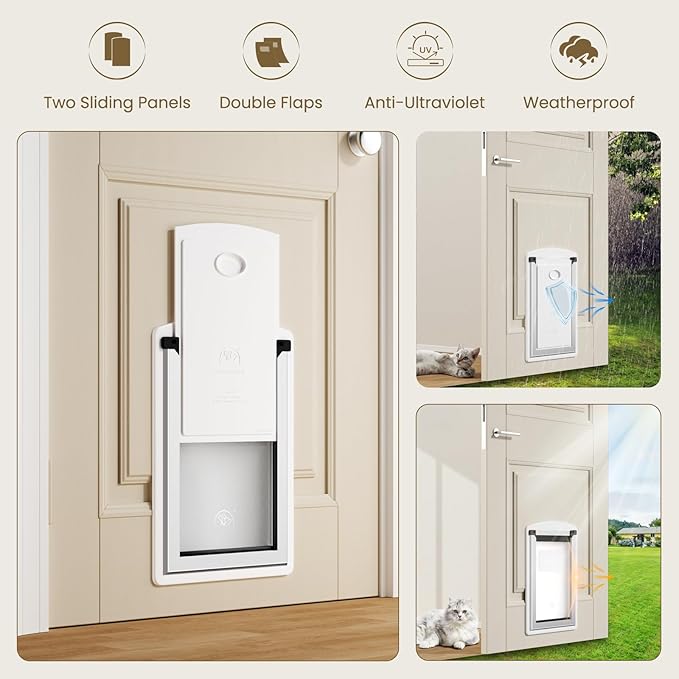 MAVRICFLEX Cat Door for Door, All-Stainless Steel Frame Cat Door with Double Soft Flaps and 2 Sliding ABS Panels for Doors, Easy to Install, Perfect for Cats and Small Dogs Under 15 LBS, White