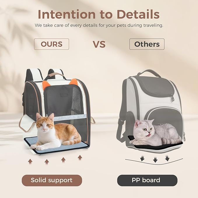Lekereise Ventilated Dog Backpack Carriers, Cat Carrier Backpacks with Breathable Mesh for Small Cats Dogs Up to 17 Lbs, Pet Foldable Backpack Great for Travel Hiking Camping Outdoor Beige-Orange Ears