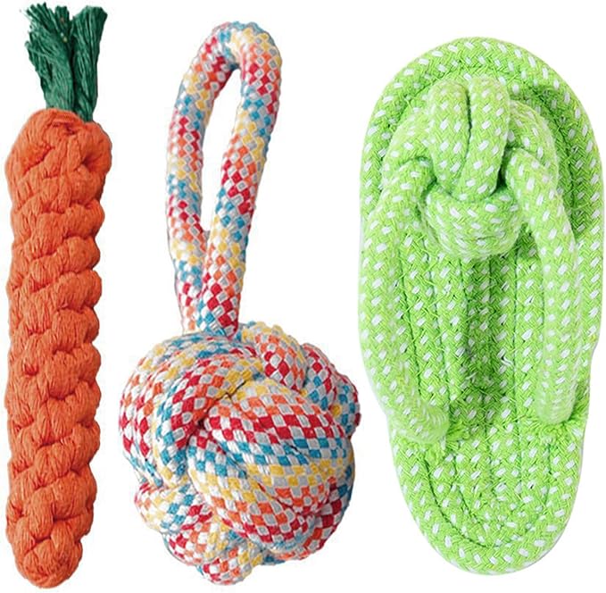 3PCS Natural Cotton Rope Toys for Small Dogs and Puppies, Dog Dental Care Chew Toys for Teething, Anxiety Relief,Helps Clean Teeth & Prevent Furniture Destruction(Slipper Set)