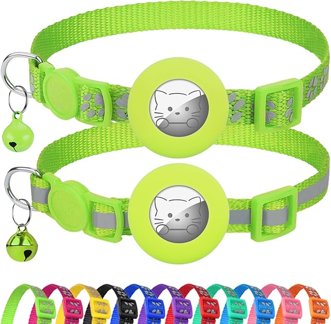 Joytale AirTag Cat Collar 2 Pack with Breakaway Safety Buckle, Reflective Cats Collar with AirTag Holder, Adjustable 7.5-12.5 Inch, Anti-Fraying Lightweight for Girl Boy Kitten, Green