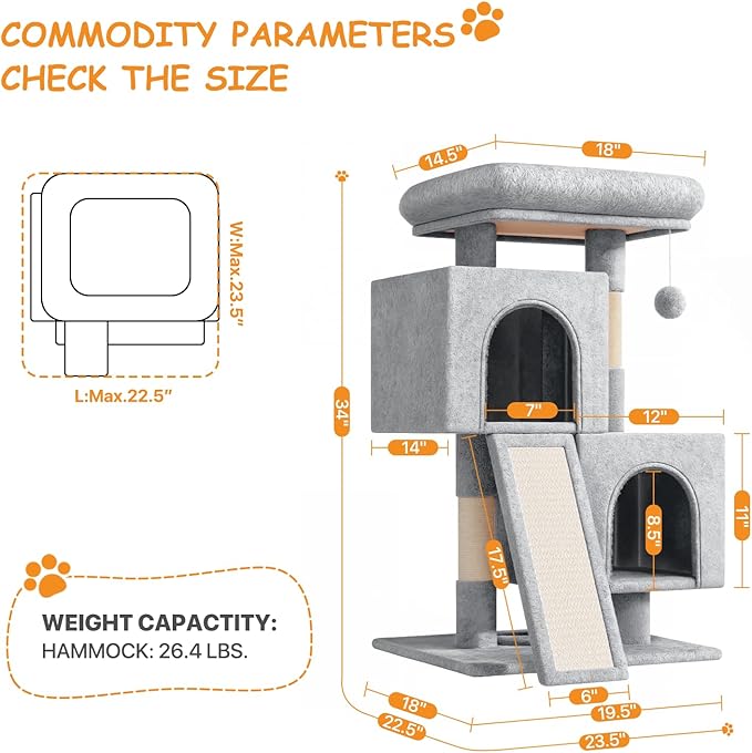 34'' Small Cat Tree with 2 Condos, Sisal Scratching Posts & Board, Multi-Level Climbing Tower for Indoor Cats, Sturdy Light Grey Cat Activity Center - Light Gray