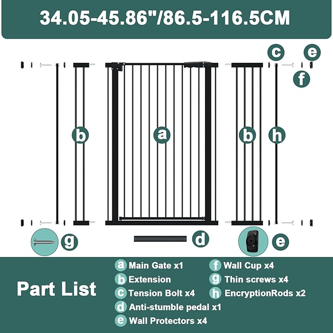 40.55" Tall, 34.05-45.86 Inch Wide, 1.37" Ultra Narrow Spacing Dog Pet Baby Gate Indoor for Doorway Hallway, Pressure Mounted 35 36 37 38 39 40 41 42 43 44 45 Inches Wide Black