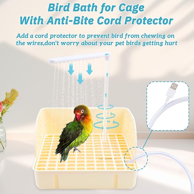 Automatic Bird Bath with Pump, Parrot Bathtub with Anti-Bite Cord Protector, USB Electric Large Bird Bathtub Circulating Water Bird Shower for Parakeet Cockatiel African Grey Lovebird(Beige)