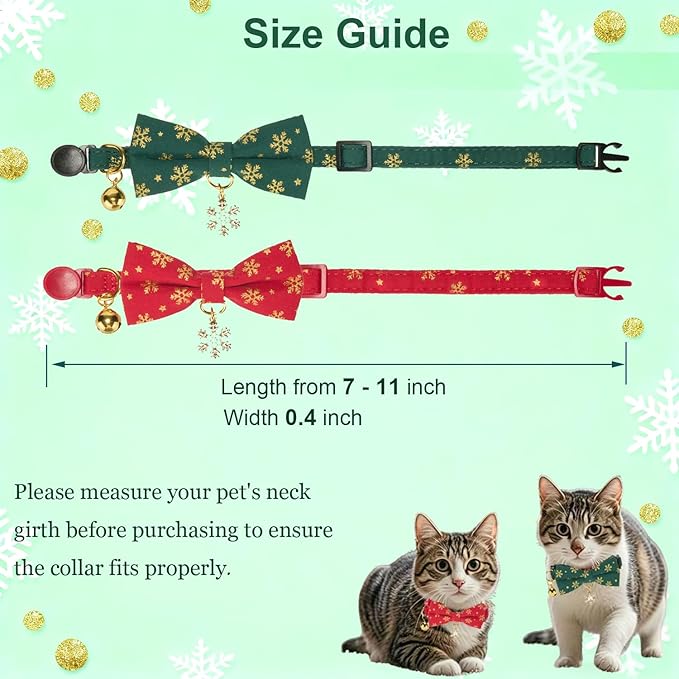 Christmas Cat Collar 2 Pack Cotton Bowtie Cat Collars Glittery Snowflakes Cute Kitten Collar(Red+Green)
