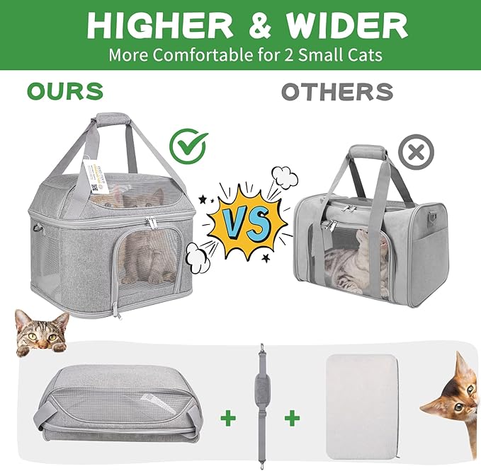 Large Cat Carrier for 2 Cats, Soft Side Pet Carrier for Cats Small Dog, Collapsible Travel Dog Carrier Bag TSA Airline Approved Dog Carrier Backpack,Grey