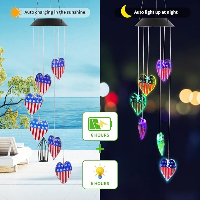 American Flag Solar Wind Chimes, Heart-Shaped Love Patriotic Wind Chime Color Changing Solar Lights for Garden Patio Home Decor