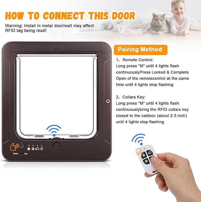 Smart Cat Door with 3 Collar Sensor, RFID Cat Door Collar Activated with Remote Control, 4 Way Locking Cat Flap Automatic Pet Door (Brown)