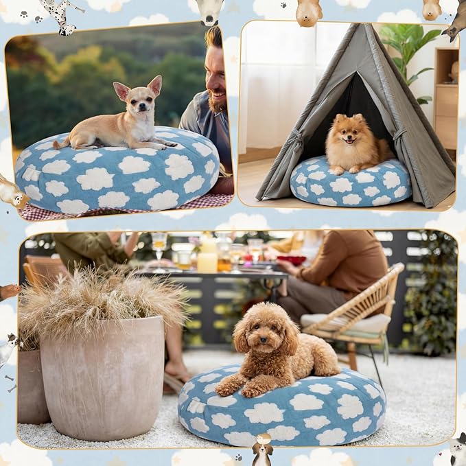 Youyole Medium Washable Round Dog Bed Cover Replacement Waterproof 30 x 30 x 10 in Round Donut Bed Cover for Dog Soft Blue Beds Protector Sheet with Lovely Clouds Print for Donut Beds & Pet Couch