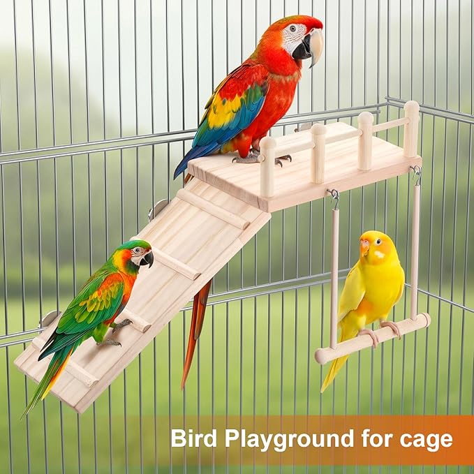 Wooden Bird Habitat Platform with Swing and Ladder - Sturdy Long Tailed Parrot cage Accessory, Suitable for Exercising and Entertaining Bird Games Gym - Perfect for Parrots, Canaries, Sparrows