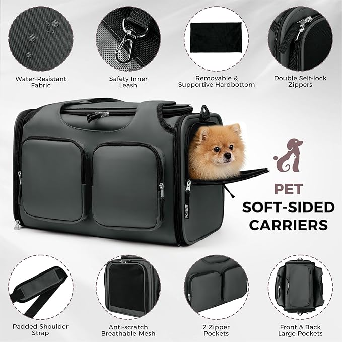 Dog, Cat Carrier for Pets Up to 15 Lbs, Airline Approved Collapsible Soft-Sided Pet Travel Bag with Locking Zippers, Breathable Mesh and 4 Large Pockets, Removable Fleece Pad (Dark Grey)