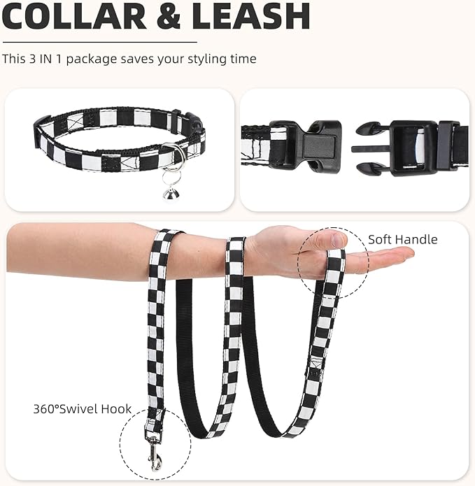 PUPTECK Adjustable Dog Harness Collar and Leash Set Step in No Pull Pet Harness for Small Medium Dogs Puppy and Cats Outdoor Walking Running, Checkered Black&White XS