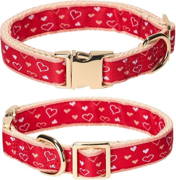 Woven Dog Collar with Metal Buckle Adjustable Jacquard Retro Dog Collars for Small Medium Large Dogs(Red Heart,M)