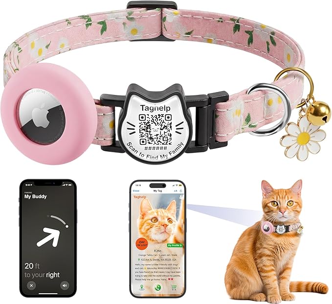 Cute Floral Breakaway Cat Collar with QR Code ID, Cotton Kitten Collar with Bell & AirTag Holder, Adjustable Safety Collar for Cats,Pastoral Style with airtag Holder(Pink)