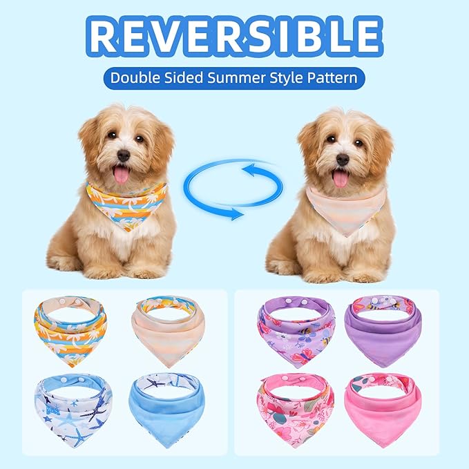 PAWCHIE Dog Cooling Bandana Small, 4 Packs Ice Cool Pet Triangle Scarf Bibs Reversible Styles, Summer Adjustable with Two Snaps, Kerchief Set Accessories for Dogs, Puppy, Cats