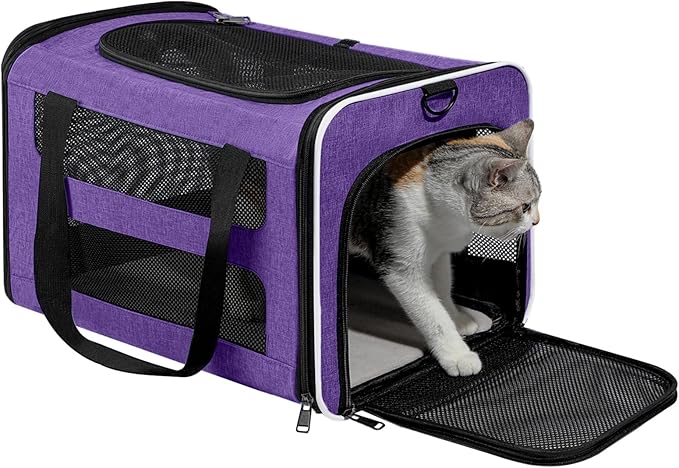 Cat Carrier Soft-Sided Travel Bag for Medium to Large Cats Over 15lbs, Small Dog Carrier Crate Top Entry Breathable Mesh Puppy 12 Pounds, Pet Rabbit Carrying Cage Kennel Collapsible Purple