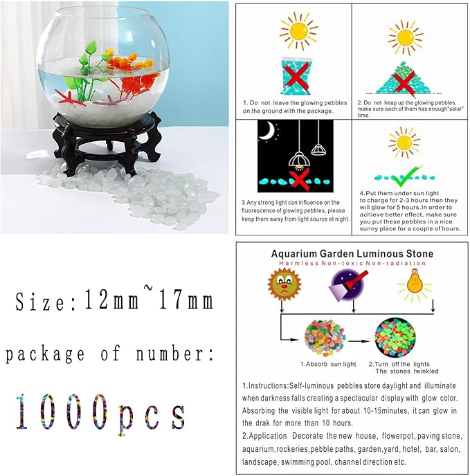 Glow in The Dark Stones 1000 Pcs Glow Pebbles Aquarium Rocks for Fish Tank Lawn Yard Garden Walkway Plant Pots (White)