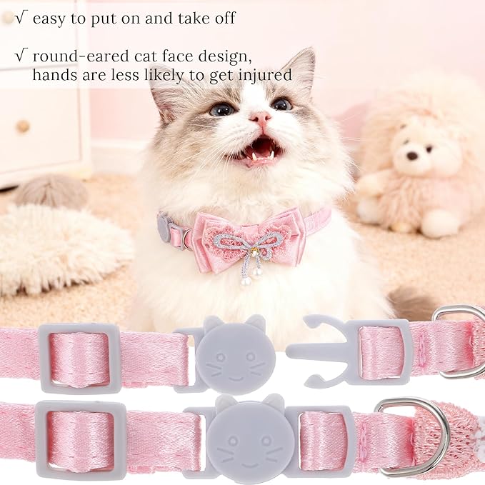 Jeffdad 4 PCS Cute Pearl Cat Collar with Bow, for Girl Cats Pink Cat Bows & Accessories Breakaway Safety Cat Bowtie Collar