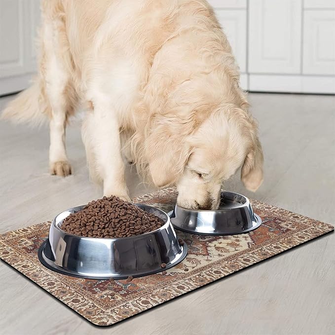 Dog Food Mats for Floors, Absorbent and Quick-Drying Pet Cat Food Mat,Anti-Fouling and Easy-to-Clean Pet Feeding Mat,Dog Bowl Mat for Messy Drinking Water Bowls.12 x20, Bohemia Style
