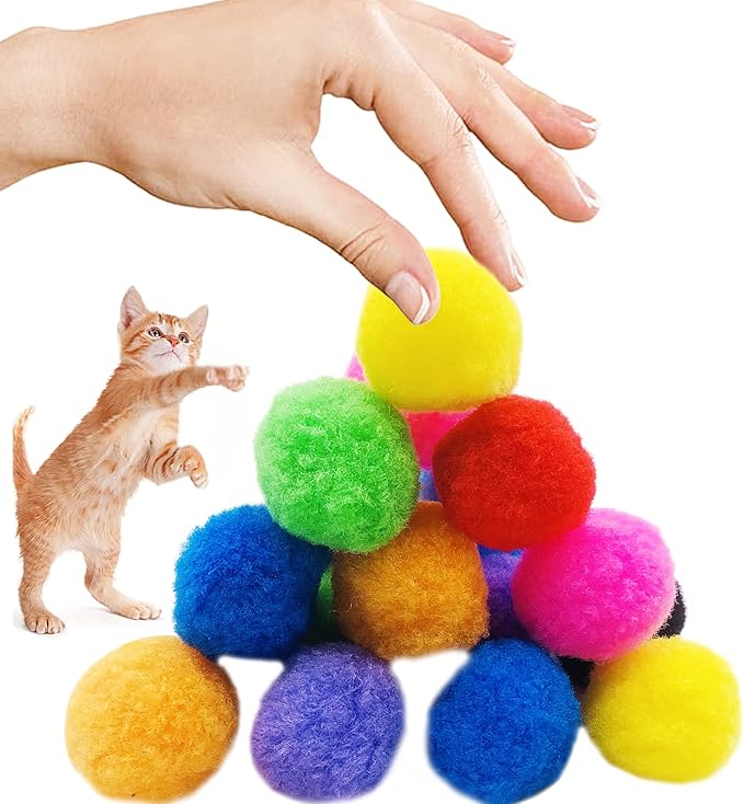 PET SHOW 20Pcs 1.5"/3.8cm Cat Toy Balls Bulk Soft Kitten Pompon Toys Indoor Cats Interactive Playing Quiet Ball Cats Favorite Toy Assorted 10 Colors