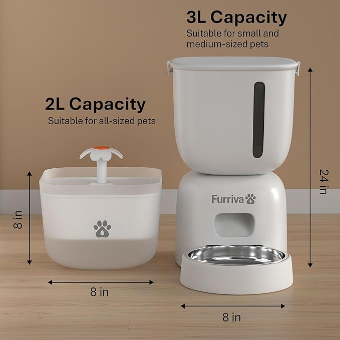 Automatic Cat Feeder and Water Fountain Set - 3L Food Dispenser with Locking Lid, Plug-in/Battery Powered, Programmable Portion Control, up to 4 Meals/Day, 10s Voice Recorder - for Cats and Small Dogs