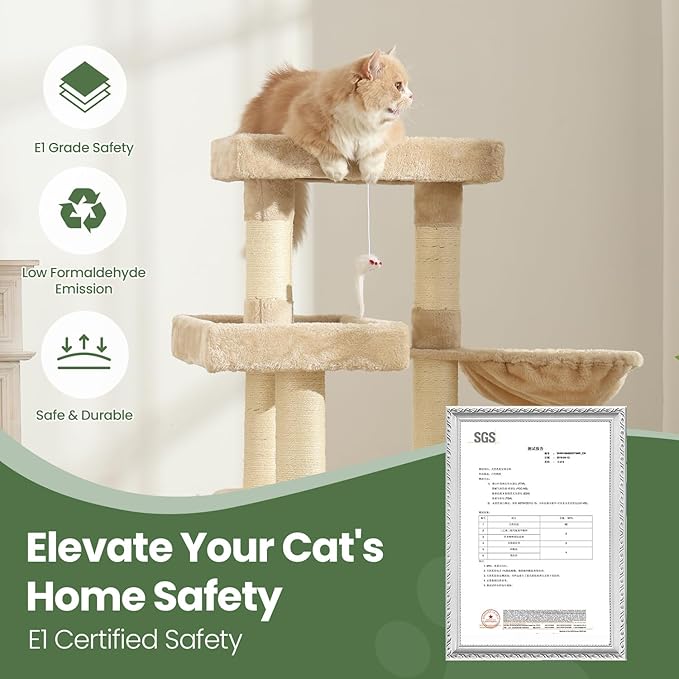 Cat Tree, 50.31-Inch Cat Tower for Indoor Cats, Cat House with Padded Platform Bed, Toy Mouse Ball, Large Cozy Condo, Hammocks and Sisal Scratching Posts for Kittens Play, White