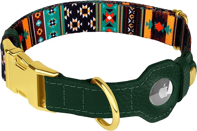 AirTag Dog Collar for Small Medium Large Breed - Adjustable Cute Pattern Dog Collar with Airtag Holder - Soft Leather Tracker GPS Apple Air Tag Pet Collars (Medium, 14"-18" Neck Fit, Tribal)