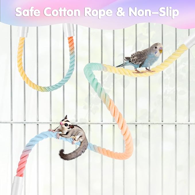 Bird Perch Rope, 4 Pcs 31.1” & 16.54” Bendable Cotton Rope Perches for Bird Cages, Interactive Birds Cage Accessories for Parrots, Parakeets, Cockatiels, Lovebirds, Budgies (2 Long + 2 Short)