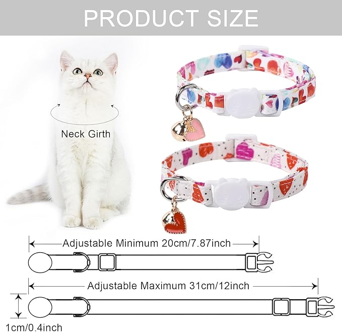 Lionet Paws 2pcs Pack Valentine's Day Cotton Cat Collar,White Breakaway Buckle with Colorful Pink Heart Cute Adjustable Cat Kitten Collar,Ideal for Girl Cats
