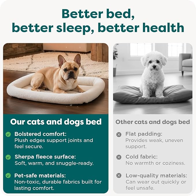 FurHaven Dog Bed for Small Dogs & Cats, Bolster Crate Pad with Soft Supportive Base for Carriers & Kennels, Machine Washable, Small, Sherpa Fleece, Cream