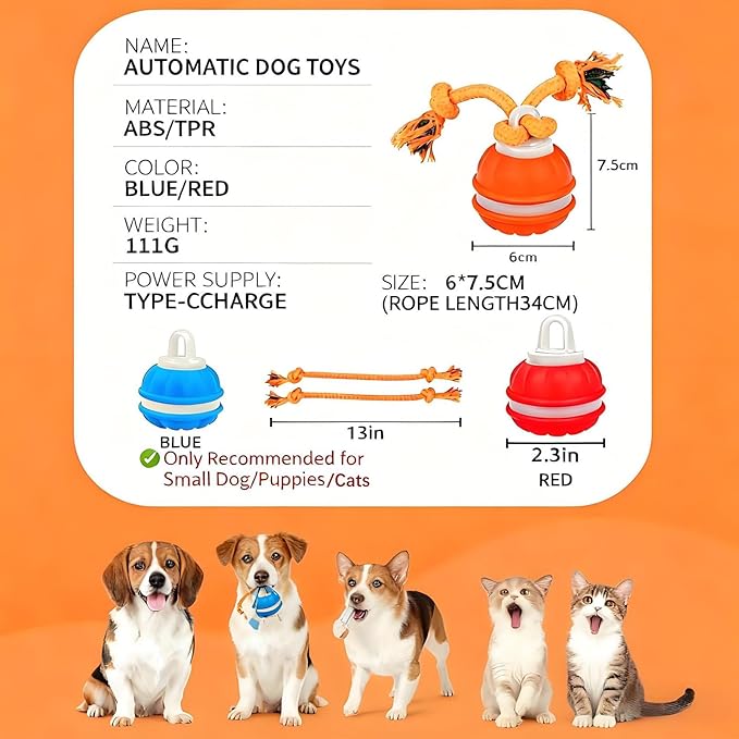 Interactive Dog Ball Toy,Interactive Dog Toys for small dogs,Peppy Pet Ball for Dogs,Motion Activate Rolling Dog Toy with Birdsong Squeaky Chewable Rope Tiny Fetch Dog Toys to Keep them Busy(Orange)