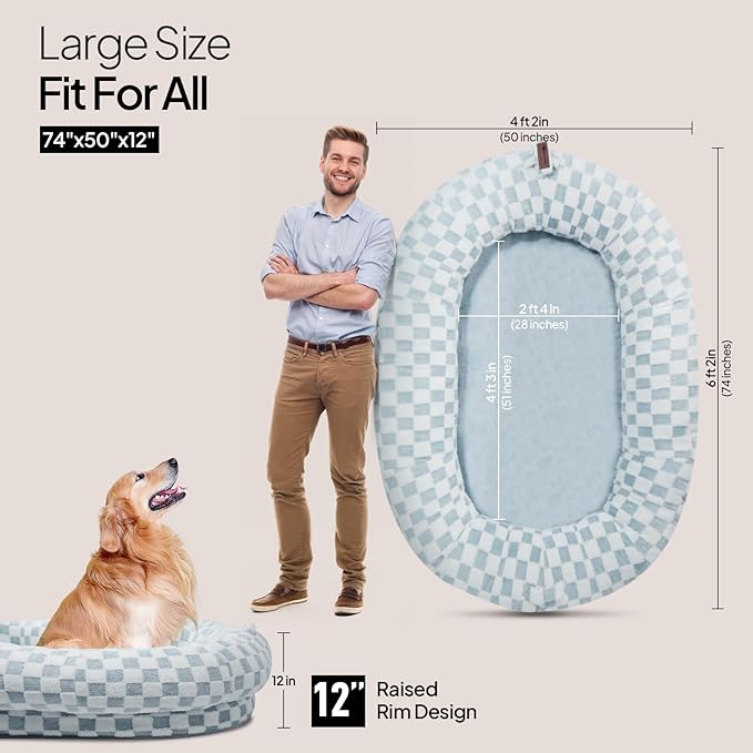 Extra Large Human Dog Bed for Adults, 74"x50"x12", Waterproof Machine Washable with Anti-Slip Bottom, Plush Pet Bed for People, Funny Gift for Dog Lovers & Parties, Blue Grid