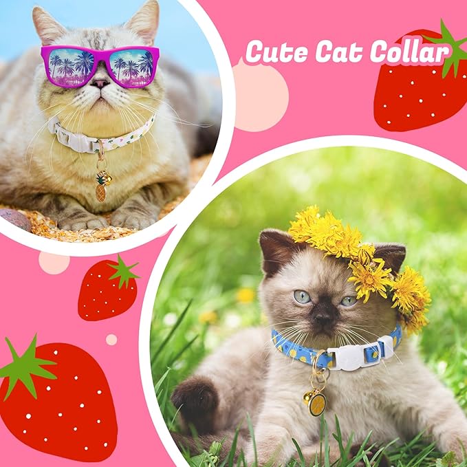 10 Pack Breakaway Cat Collars with Bells Fruit Pendants Adjustable Safety Kitten Collar Fruit Cat Collar with Bell Ideal for Girl Boy Cats