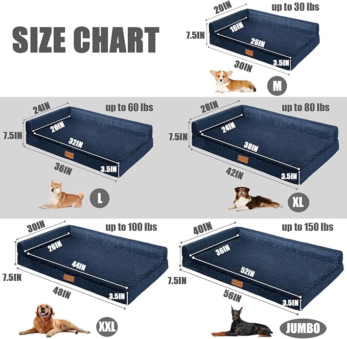 Patas Lague Orthopedic XL Dog Bed Large Sized Dog 42''X28'', Waterproof L Bolster Big Large Pet Sofa Beds with Removable Washable Cover, Soft Comfortable Pet Couch Crate Mat with Nonskid Bottom, Navy