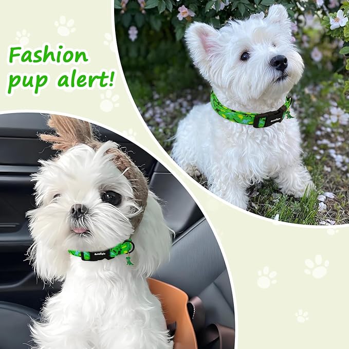 Medium Dog Collars for Male Dogs, Boy Dog Collars with Dinosaur Pattern，Adjustable Cotton Green Collar for Puppy Dog，Ideal, Daily Photos & Pet Fashion Accessory