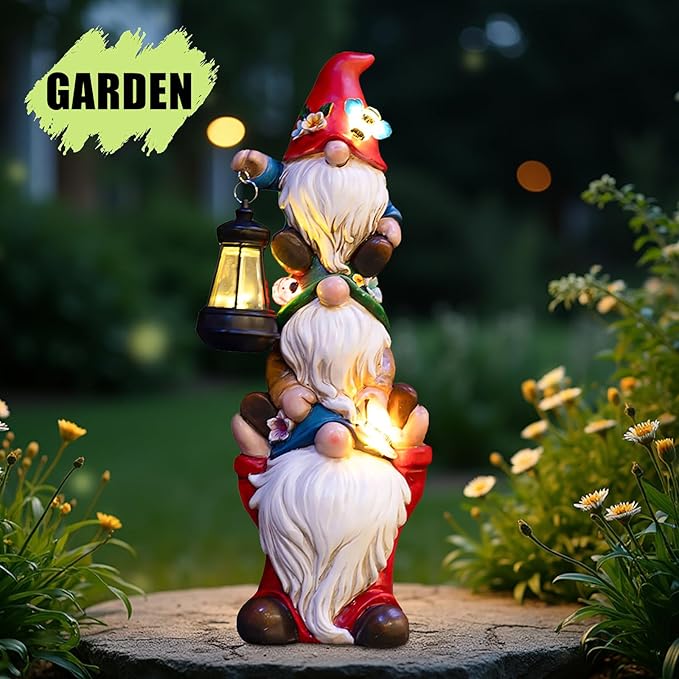 Garden Gnome Statue with Solar Lights Garden Sculptures Funny Triple Gnome Outdoor Patio Lawn Yard Balcony Home Decor Birthday Gift for Woman Grandma 12 in Spring Gnomes