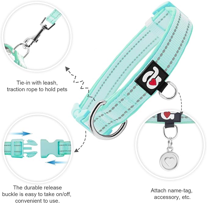azuza Reflective Dog Collar with Airtag Holder, Soft Neoprene Padded Pet Collar with ID Tag Ring, Adjustable for Puppy and Small Dogs,Teal,XS