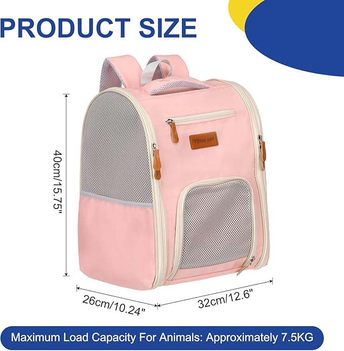 Pet Backpack Carrier, Portable and Ventilated, Oxford Cloth, Dogs Cats and Little Animals Travel Bag 12.6", (Pink, 1 Pcs), Intended for Hiking/Camping/Traveling
