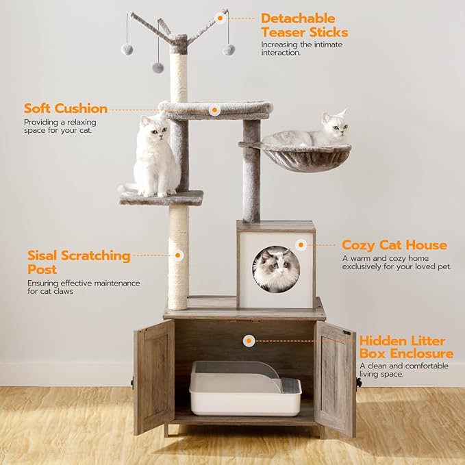 HOOBRO Cat Tree Tower with Litter Box Enclosure Indoor, Wooden Cat Condo with Scratching Posts, Litter Box Furniture Hidden, All-in-One Cat House, Greige BG15MZ03