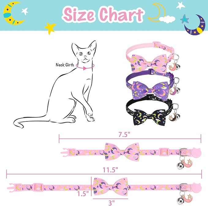 SCENEREAL Cat Collar Breakaway 3 Pack - Safety Kitten Collar with Bells Moons Stars Bowtie, Spring Summer Pet Accessory for for Girl Boy Male Outdoor and House Cats Kitty Adjustable 7''-12''