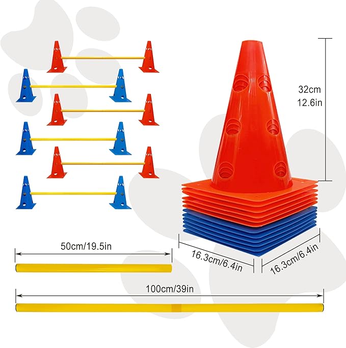 Dog Agility Hurdle Cone Set, Dog Agility Set Include 12 Agility Cones 6 Agility Rods, Dog Agility Equipment with Carry Bag(Blue+Orange)