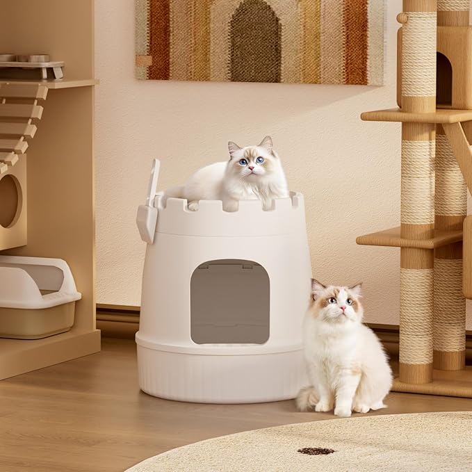 Lifewit Cat Litter Box, Hidden Enclosure Litter Tray with Odor Control & Carbon Filter in Living Room, Bedroom, Corner with Castle Scratching Board& Plastic Scoop, 48 x 54 cm/19x20, White