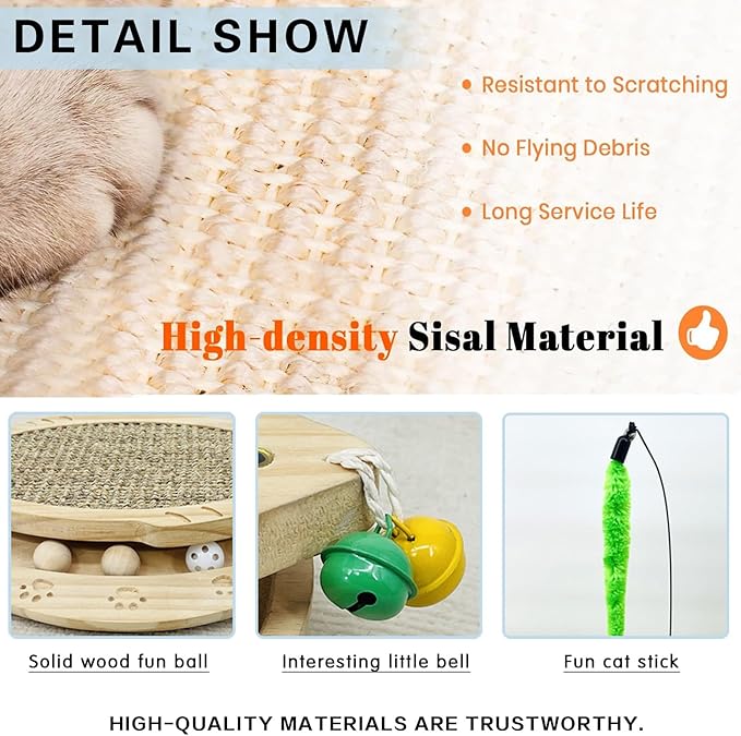 Cat Scratcher with Natural Sisal Pad, 3-in-1 Cat Scratching Board, 2-Tier Kitten Toys with Wooden Ball Track & Swing Toys -No Assembly Cats Activity Center, for Indoor and Outdoor