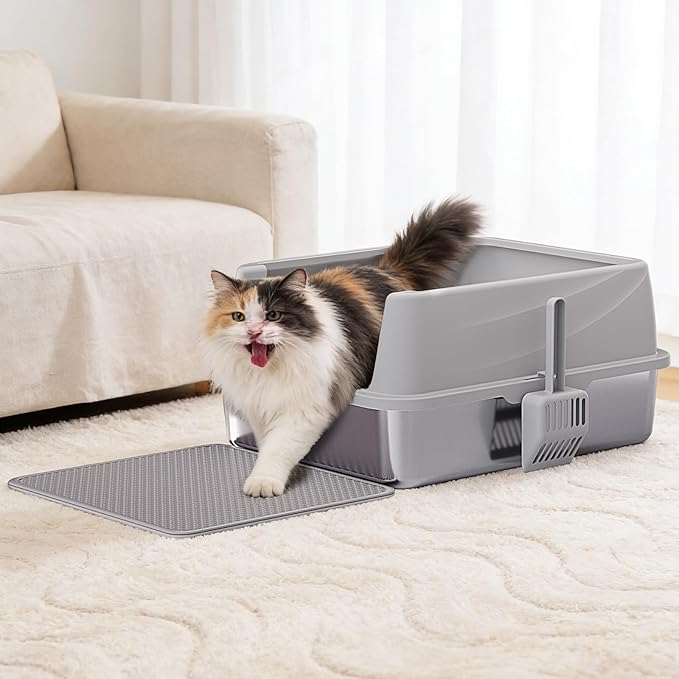 Henkelion Stainless Steel Cat Litter Box with Lid, Extra Large Litter Box for Big Cats with High Sided, Non-Sticky, Anti-Urine Leakage, Easy Cleaning, Include Cat Mat and Scoop with Holder (S)