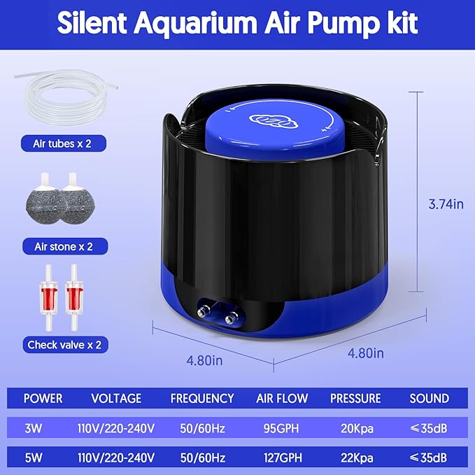QZQ Aquarium Air Pump, Quiet Fish Tank Air Pump with Dual Outlets, 3W/5W Powerful Adjustable Oxygen Pump with Accessories, Aquarium Bubbler Aerator for Fish Tank Up to 120 Gallon (5W)