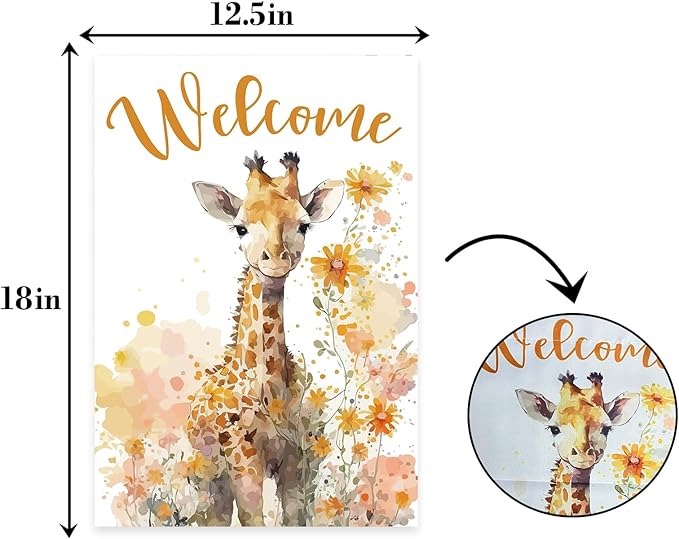 Giraffe Welcome Garden Flag,Welcome Spring Cute Giraffe Garden Flag,Pet Wild Cartoon Animals Quote Birthday Yard Outdoor Decor.12x18 inch