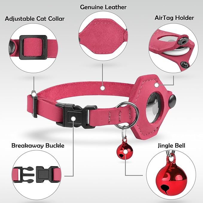 Breakaway Airtag Cat Collar with Removable Bell - Leather Pet Collar with Apple Air Tag Holder - Adjustable GPS Collars for Girl Boy Cats Kitten Puppy - Lightweight, Cute and Comfortable (Pink)